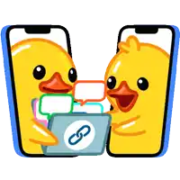 a cartoon duck is holding a laptop with a link on it