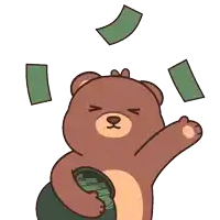 a brown teddy bear is holding a bag of money in its paws