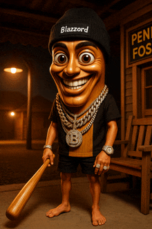 a cartoon character wearing a beanie and holding a baseball bat