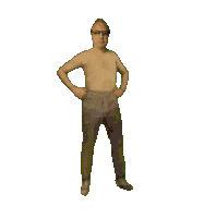 a pixel art of a shirtless man wearing glasses and brown pants