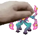 a pixel art of a hand holding a cartoon character with three eyes .