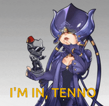 a cartoon drawing of a woman holding a statue and the words i 'm in tenno