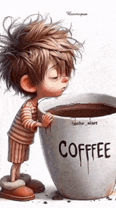 a cartoon boy is holding a cup of coffee .