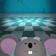 a cartoon mouse is laying on a checkered floor with his eyes closed