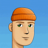 a cartoon drawing of a man wearing an orange beanie