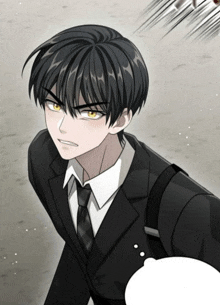 a man in a suit and tie has a speech bubble in front of him