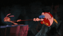 a cartoon character pulling another cartoon character with a red rope