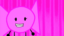 a pink cartoon character is smiling and standing on a pink striped background .