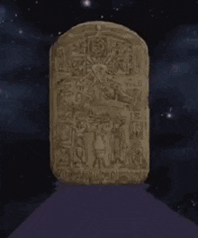 yu gi oh is a video game character that is standing in front of a stone .