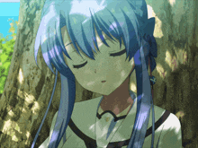 a girl with blue hair is sleeping under a tree with her eyes closed
