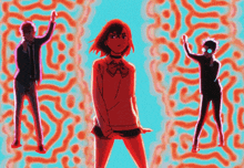 a girl in a red sweater is standing between two men in suits