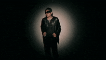 a man with green hair is wearing sunglasses and a black leather jacket
