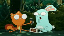 a cartoon rabbit is holding a box of wodz