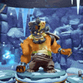 a cartoon character with a beard and a helmet is standing on a pedestal