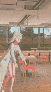 a woman in a hat stands in a room with tables and stools