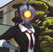 a robot in a suit and tie is standing in front of a house