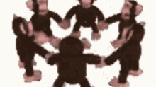 a group of stuffed monkeys are holding hands in a circle .