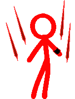 a red stick figure is holding a black object in his hand