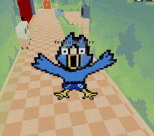 a pixel art drawing of a blue bird with the name frogge leramrr written on the bottom