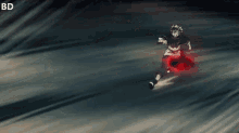 a person is running with a sword and a red circle around them .