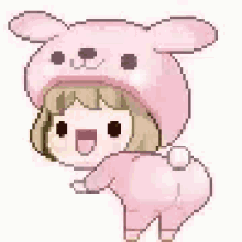 a pixel art of a girl wearing a pink bunny costume and hat .
