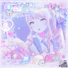a picture of a girl with pink hair is surrounded by hearts and butterflies and says picmix on the bottom right