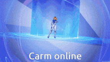 a woman in a futuristic suit is standing in front of a blue wall with the words carm online written on it