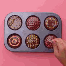 a tray of chocolate cupcakes with a swirl design on them