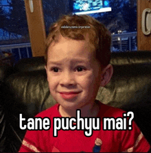 a young boy in a red shirt is sitting on a couch and smiling with the words tane puchyu mai written on his face