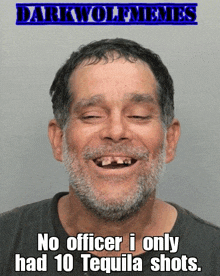 a man with a beard and missing teeth is smiling with a darkwolfmemes meme below him