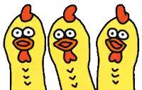 three yellow chickens with big eyes and red crests