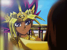 a cartoon character with a crown on his head looks at a woman