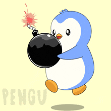 a penguin is holding a bomb with a lit fuse on it