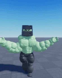 a cartoon character with huge muscles and a black bucket on his head