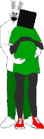 a cartoon drawing of a skeleton and a pregnant woman hugging each other