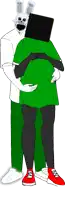 a cartoon drawing of a skeleton and a pregnant woman hugging each other
