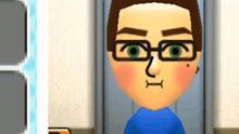 a cartoon character wearing glasses and a blue shirt is standing in front of a locker .