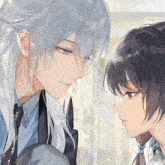 a boy with long white hair and a girl with short black hair are looking at each other