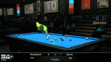 a pool table that says us open on the top