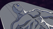 a cartoon drawing of a silver surfer with a purple background
