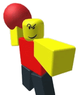 a yellow and red roblox character is holding a red boxing glove in his hand .