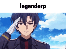 a man in a suit salutes in front of a blue sky with the words legenderp above him