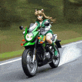 a cartoon girl is riding a green motorcycle on a road