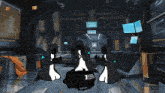 a group of penguins are kneeling down in a room with a bag that says human exploration