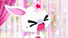 a cartoon of a rabbit with a pink flower on its head and the time 7:17