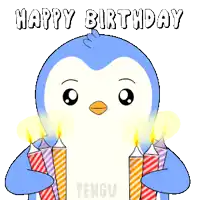 a penguin holding a bunch of candles with the words happy birthday