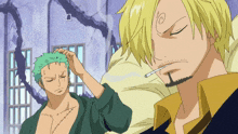 a man with a cigarette in his mouth is standing next to another man with his eyes closed