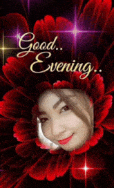 a woman 's face is surrounded by red flowers and the words good evening