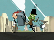 two cartoon characters are standing next to each other and one has a sword