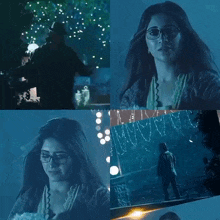 a woman wearing glasses is standing in front of a man